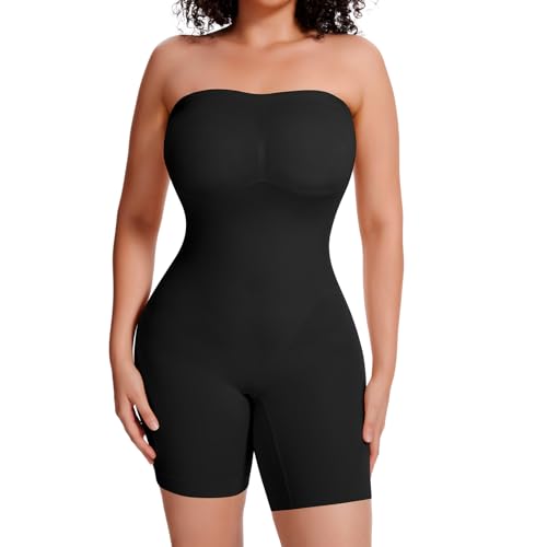 Joyshaper Damen Shapewear Bodysuit Trägerlos Bauchweg Body Shaper BH Push Up Miederbody mit Bein Figurformender Formende Bodys Party Hochzeit Schwarz/mit Brustpolster,L von Joyshaper