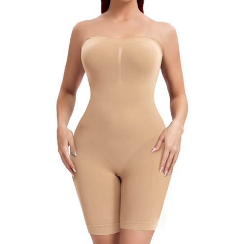 Joyshaper Damen Shapewear Bodysuit trägerloser Bauchweg Body Shaper Figurformender Formende Bodys Miederbody mit Bein Beige/Ohne Brustpolster,M von Joyshaper