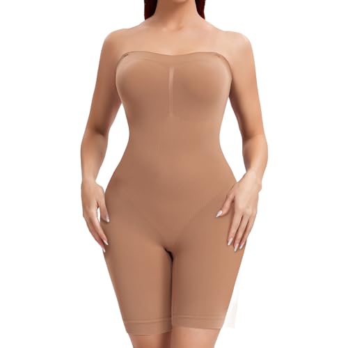 Joyshaper Damen Shapewear Bodysuit trägerloser Bauchweg Body Shaper Figurformender Formende Bodys Miederbody mit Bein Coffee/Ohne Brustpolster,M von Joyshaper