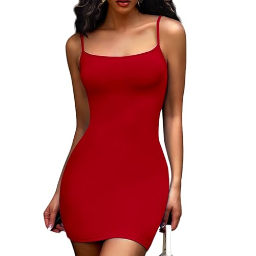 Joyshaper Damen Sommerkleid Enges Kurz Bodycon Kleid Figurbetontes Cami Tank Kleider Ärmellos MiniKleid Rot,XL von Joyshaper