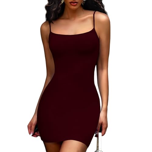 Joyshaper Damen Sommerkleid Enges Kurz Bodycon Kleid Figurbetontes Cami Tank Kleider Ärmellos MiniKleid Weinrot,S von Joyshaper
