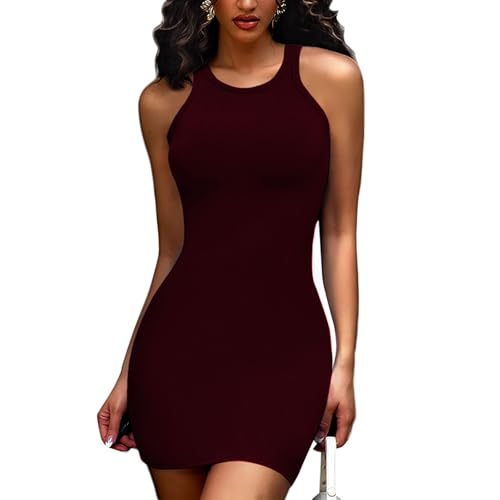 Joyshaper Damen Sommerkleid Enges Kurz Bodycon Kleid Figurbetontes Tank Cami Kleider Ärmellos MiniKleid Weinrot,L von Joyshaper