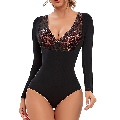 Joyshaper Damen Spitze V-Ausschnitt Langarm Body Bauchweg Shapewear Bodysuit Butt Lifter Body Shaper Schwarz L von Joyshaper