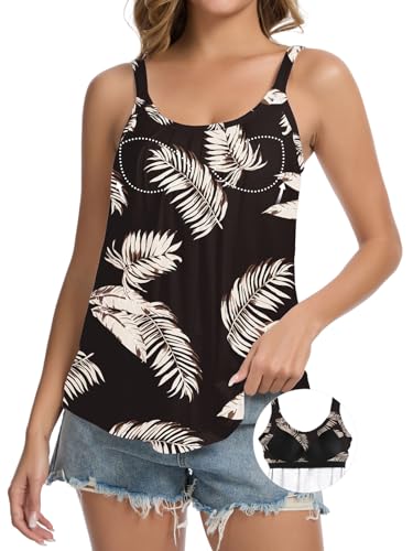 Joyshaper Damen Tank Top mit Integriertem BH Sommer Casual Cami Unterhemd Loose Fit Ärmellose Oberteil Basic Shirt Hemdchen Blätter,S von Joyshaper