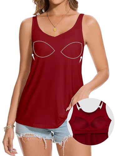 Joyshaper Damen Tank Top mit Integriertem BH Sommer Casual Unterhemd Loose Fit Ärmellose Oberteil Basic Shirt Hemdchen Burgunderrot,M von Joyshaper