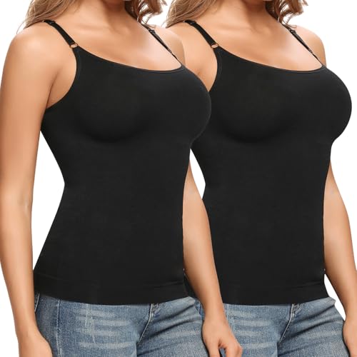 Joyshaper Damen Unterhemd Bauch Weg Camisole Top Figurformendes Trägertop Body Shaper Shaping Hemd Schlank Shirt Nahtlose Spaghettiträger Oberteil Schwarz+Schwarz (2 Pack) XL von Joyshaper