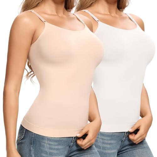 Joyshaper Damen Unterhemd Bauch Weg Camisole Top Figurformendes Trägertop Body Shaper Shaping Hemd Schlank Shirt Nahtlose Spaghettiträger Oberteil Weiß+Beige (2 Pack) M von Joyshaper