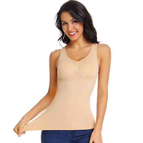 Joyshaper Damen Shape Unterhemd Camisole Top Bauchweg Shapewear Trägertop Nahtlos Body Shaper Unterhemden Shaping BH Hemd Figurformend Hemdchen Tank Top Shirt mit Pads Figurformende Tops Beige S von Joyshaper