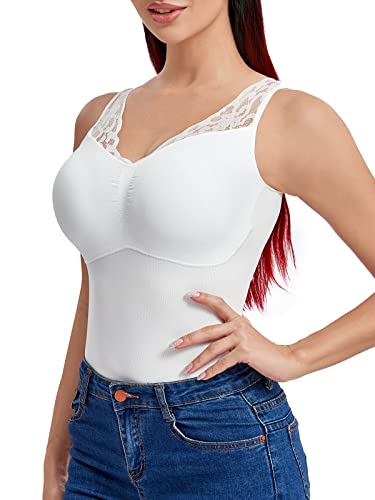 Joyshaper Damen Unterhemd Shapewear Bauchweg Hemd Formende Oberteile BH Tank Tops Hemdchen Spitze Westenoberteil Vests Shaping Bauch Weg Shirts Body Shaper Weiß,M von Joyshaper