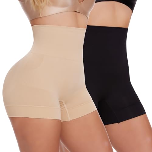 Joyshaper Damen Unterhose Unter Rock Kurz Hose Anti-Chafing Slip Shorts Nahtlose Panty Schwarz+Beige(2 Pack) L von Joyshaper