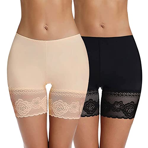 Joyshaper Damen Unterhose Unter Rock Kurz Hose Anti-Chafing Spitze Shorts Lace Leggings Kurze Tight mit Anti-Rutsch Schwarz+beige,M von Joyshaper