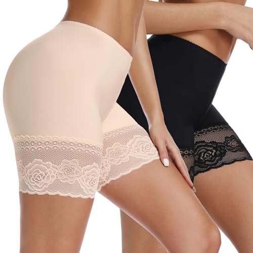 Joyshaper Damen Unterhose Unter Rock Kurz Hose Anti-Chafing Spitzen Shorts Atmungsaktiv Panty Schwarz+Beige 2XL von Joyshaper