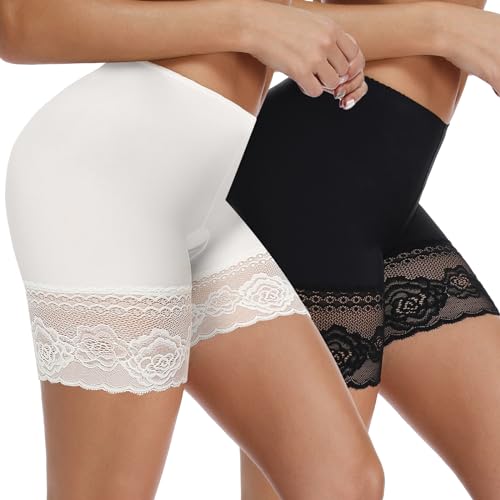 Joyshaper Damen Unterhose Unter Rock Kurz Hose Anti-Chafing Spitzen Shorts Atmungsaktiv Panty Schwarz+Weiß L von Joyshaper