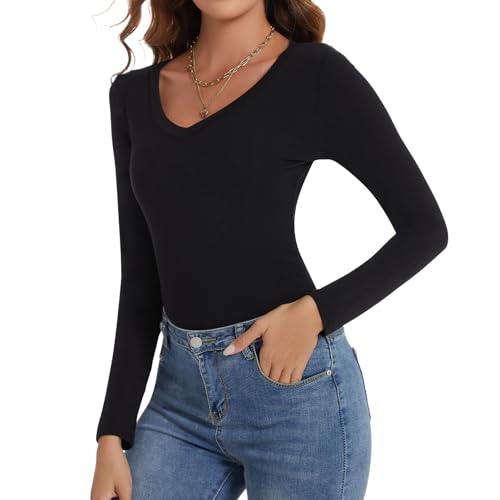 Joyshaper Damen V-Ausschnitt Langarmteeshirt Langarm Unterhemd Basic Langärmeliges T-Shirt mit Rundhalsausschnitt für Dame Schwarz L von Joyshaper