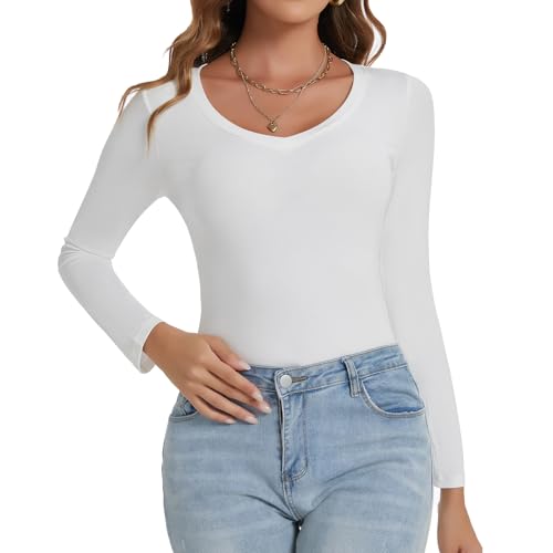 Joyshaper Damen V-Ausschnitt Langarmteeshirt Langarm Unterhemd Basic Langärmeliges T-Shirt mit Rundhalsausschnitt für Dame Weiß S von Joyshaper