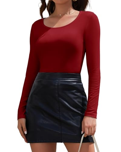 Joyshaper Langarmshirt Damen Rundhals Tshirt Langarm Oberteile Basic Longsleeve Tops Shirts Lässig Bluse Burgunderrot,S von Joyshaper