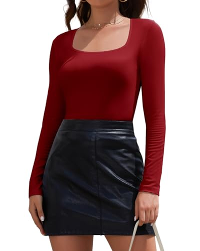 Joyshaper Langarmshirt Damen Tshirt Langarm Eckiger Ausschnitt Oberteile Basic Longsleeve Tops Shirts Lässig Bluse Rot,L von Joyshaper