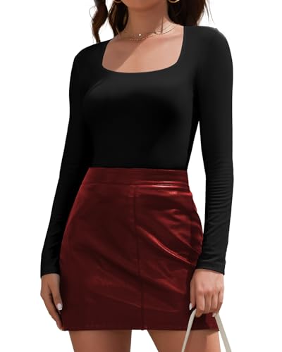 Joyshaper Langarmshirt Damen Tshirt Langarm Eckiger Ausschnitt Oberteile Basic Longsleeve Tops Shirts Lässig Bluse Schwarz,XL von Joyshaper