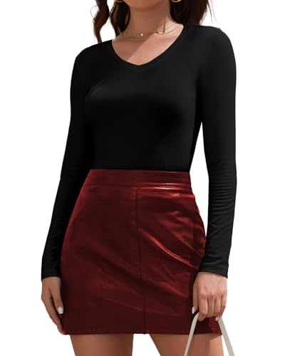 Joyshaper Langarmshirt Damen Tshirt Langarm V-Ausschnitt Oberteile Basic Longsleeve Tops Shirts Lässig Bluse Schwarz,M von Joyshaper