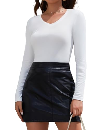 Joyshaper Langarmshirt Damen Tshirt Langarm V-Ausschnitt Oberteile Basic Longsleeve Tops Shirts Lässig Bluse Weiß,M von Joyshaper