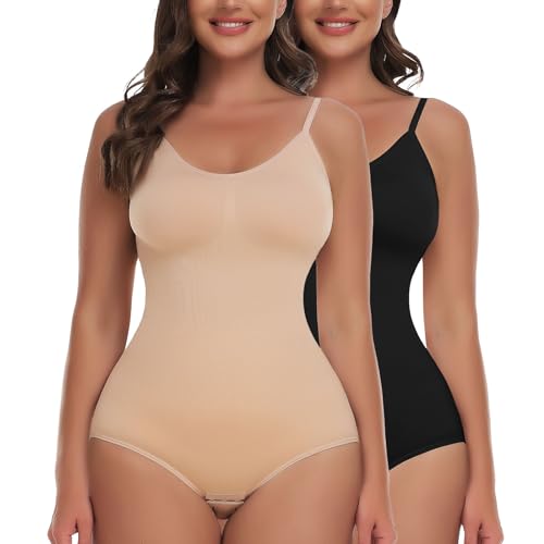 Joyshaper Shapewear Damen Body Bauchweg Bodysuits Shaping Miederbody Formende Body Shaper Figurenformend Sculpting Unterwäsche Schwarz+Beige/Rundhals,L von Joyshaper