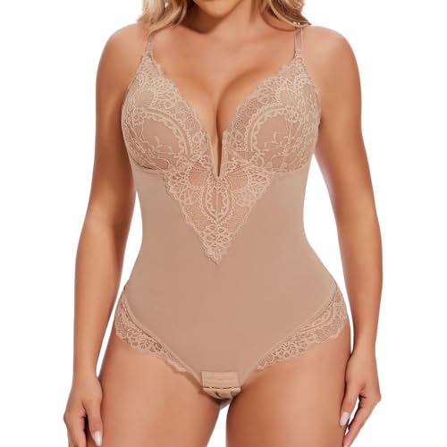 Joyshaper Shapewear Damen Body Bauchweg Tanga Spitze Formende Bodysuits Shaper Figurformender Miederbody Tiefer V-Ausschnitt Unterwäsche Beige,S von Joyshaper