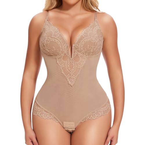 Joyshaper Shapewear Damen Body Tiefe V-Ausschnitt Spitzen Bodysuit Thong Miederbody Bauchweg Body Shaper Formende Tanga Unterwäsche Beige L von Joyshaper