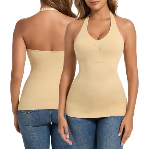 Joyshaper Unterhemden Damen BH Shapewear Unterhemd Bauchweg Hemden V-Ausschnitt Body Shaper Hemd Neckholder Tank Top Beige,M von Joyshaper