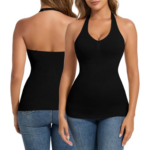 Joyshaper Unterhemden Damen BH Shapewear Unterhemd Bauchweg Hemden V-Ausschnitt Body Shaper Hemd Neckholder Tank Top Schwarz,S von Joyshaper