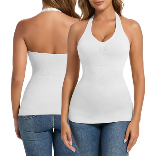Joyshaper Unterhemden Damen BH Shapewear Unterhemd Bauchweg Hemden V-Ausschnitt Body Shaper Hemd Neckholder Tank Top Weiß,M von Joyshaper