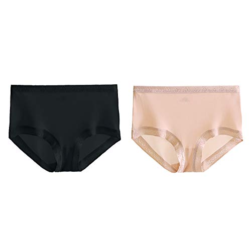 Joyunii Damen Hipster aus 100% Seide Unterwäsche Panty Slips Unterhosen 2er Pack, Schwarz+beige, Etikette L=DE 34-36=INT S-M von Joyunii