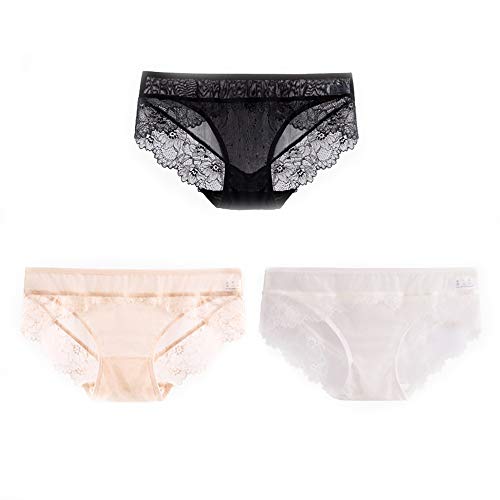 Joyunii Damen Spitze Slip aus Seide Unterhosen Sexy Panty Hipster mit Lace 3er Pack von Joyunii