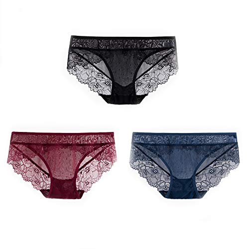 Joyunii Damen Spitze Slip aus Seide Unterhosen Sexy Panty Hipster mit Lace 3er Pack von Joyunii