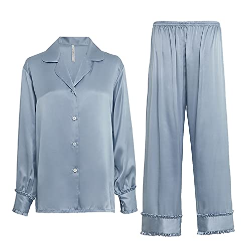 Joyunii Seidenpyjama Schlafanzug Damen Pyjama Langarm mit Spitzenbesatz Nachtwäsche mit kleinem Reverskragen Zweiteiliger von Joyunii