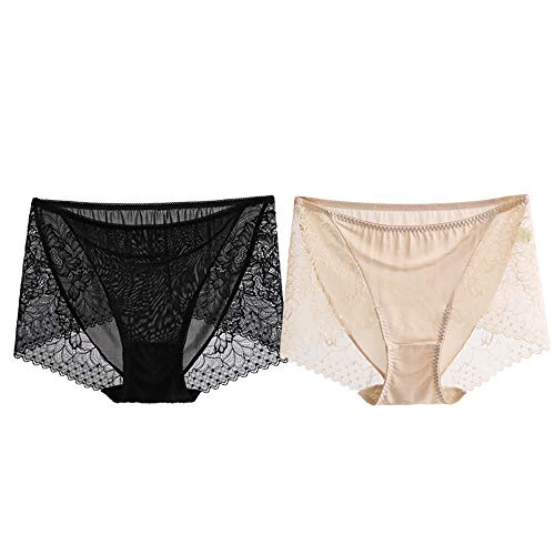 Joyunii Unterhosen Damen Spitze Basic Boxerstring Lace Slip Seidenstoff Taillenslips Spotlight Bandeau Brief Hipster (Schwarz+Beige, 36-38) von Joyunii