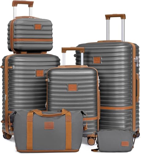 Joyway Kofferset Reisekoffer Set 6tlg Hartschale mit Beautycase Kosmetikkoffe mit 4 Rollen und TSA-Schloss Der Gepäcksets Enthält 1 Reisetasche und 1 Kulturbeutel Grau von Joyway