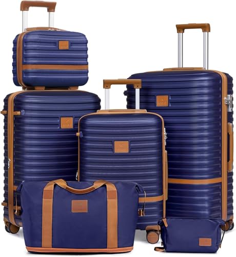 Joyway Kofferset Reisekoffer Set 6tlg Hartschale mit Beautycase Kosmetikkoffe mit 4 Rollen und TSA-Schloss Der Gepäcksets Enthält 1 Reisetasche und 1 Kulturbeutel Marine braun von Joyway