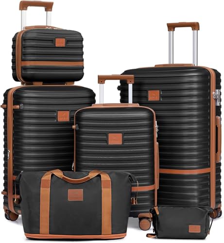 Joyway Kofferset Reisekoffer Set 6tlg Hartschale mit Beautycase Kosmetikkoffe mit 4 Rollen und TSA-Schloss Der Gepäcksets Enthält 1 Reisetasche und 1 Kulturbeutel Schwarz von Joyway