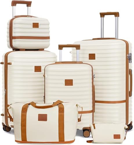 Joyway Kofferset Reisekoffer Set 6tlg Hartschale mit Beautycase Kosmetikkoffe mit 4 Rollen und TSA-Schloss Der Gepäcksets Enthält 1 Reisetasche und 1 Kulturbeutel Weiß von Joyway