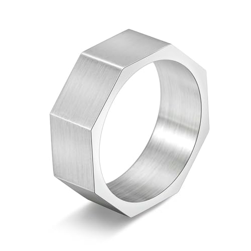 Achteckiger Ring aus gebürstetem Titanstahl für Herren, urbaner minimalistischer Schmuck, graviert, geometrisches Band, modernes Geschenk für Herren, 7, Titanstahl von Jpltlvy