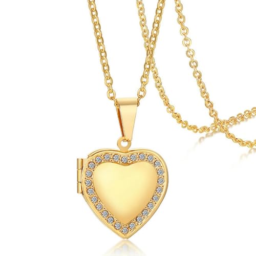 Halskette mit Herz-Medaillon aus Edelstahl, Zirkonia, akzentuiertes Design, goldfarben, Andenken, Schmuck, zeitloses Geschenk für Sie von Jpltlvy