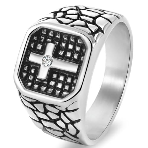 Jpltlvy Edelstahl Herren Ring mit Zirkon Kreuz Design Vintage Cracked Punk Stil Festliche Anlässe, 11, Titanstahl von Jpltlvy