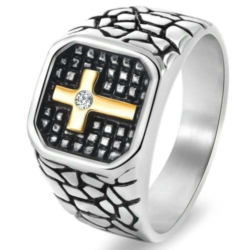 Jpltlvy Edelstahl Herren Ring mit Zirkon Kreuz Design Vintage Cracked Punk Stil Festliche Anlässe, 34, Titanstahl von Jpltlvy