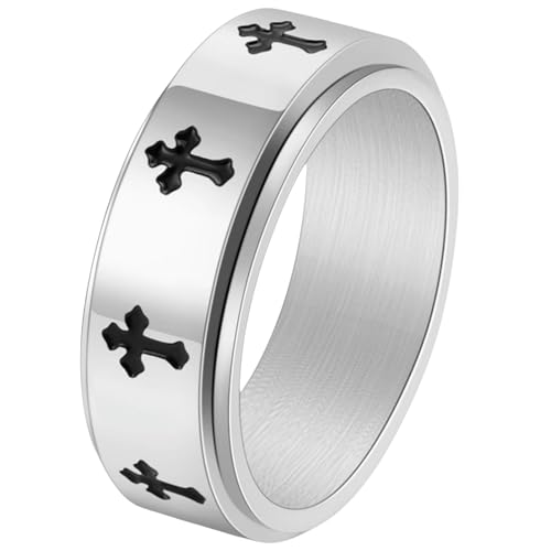 Minimalistischer Edelstahlring mit drehbarem Kreuz für Herren, schwarze glatte Oberfläche, Schmuck, modisches Geschenk, 9, Titanstahl von Jpltlvy