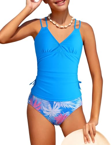 Jrbybazy Mädchen-Badeanzug, 2-teiliges Bikini-Set, tropischer Druck, verstellbare Träger, Größe 7–16 Jahre, Dunkelblau, 13-14 Jahre Jrbybazy Mädchen-Badeanzug, 2-teiliges Bikini-Set, tropischer Druck, verstellbare Träger, Größe 7–16 Jahre, Dunkelblau, 13-14 Jahre von Jrbybazy