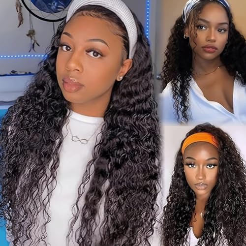 Jreitsere Headband Wig Locken Perücke Frauen Echthaar Curly Human Hair Wig for Black Woman Headband Damen Deep Curly Wig 18 zoll von Jreitsere