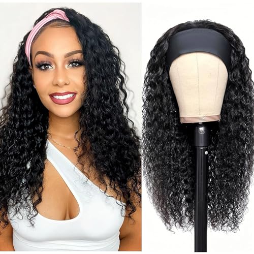 Jreitsere Headband Wig Locken Perücke Frauen Echthaar Curly Human Hair Wig for Black Woman Headband Damen Deep Curly Wig 20 zoll von Jreitsere