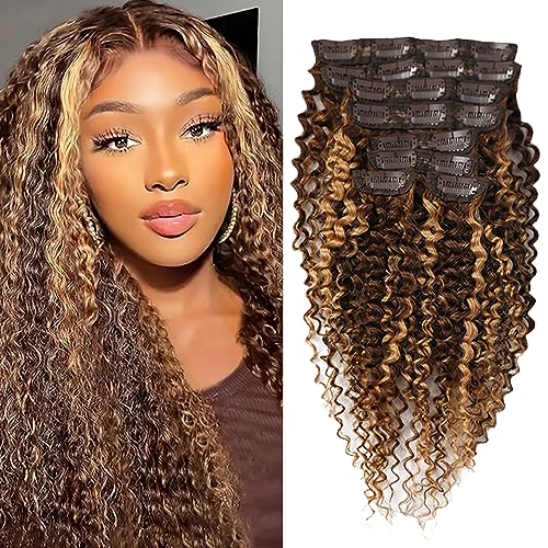 Jreitsere Menschliches Haar Clip in Extensions für Schwarze Frauen 4/27 Lockige Clip in Haarverlängerungen Echtes Menschliches Haar 4/27 Schokolade Braun Mix Blonde Haar 8Pcs/100g 20 Zoll von Jreitsere