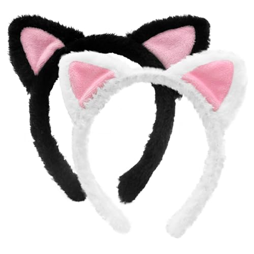 2er-Pack schwarze und weiße Katzenohren-Haarbänder – rosa Innenohren, flauschige Kätzchen-Kopfbedeckung, Haar-Accessoires für Erwachsene und Kinder, Spa, Hautpflege, Plüsch-Make-up, Halloween, Cosplay von Jremreo