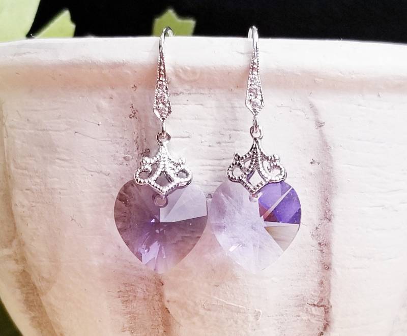 Lila Tansanit Herz Kristall Silber Ohrringe~Crystallized™ - Swarovski Elements~Kronen Ösen~Cubic Zirconia~Hochzeit~Abschlussball~Geschenk~Braut~ von JsVibrantCreations